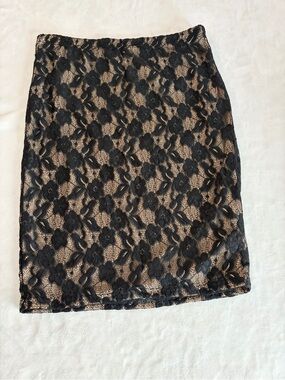 Black Floral Lace Pencil Skirt with Nude Underlay